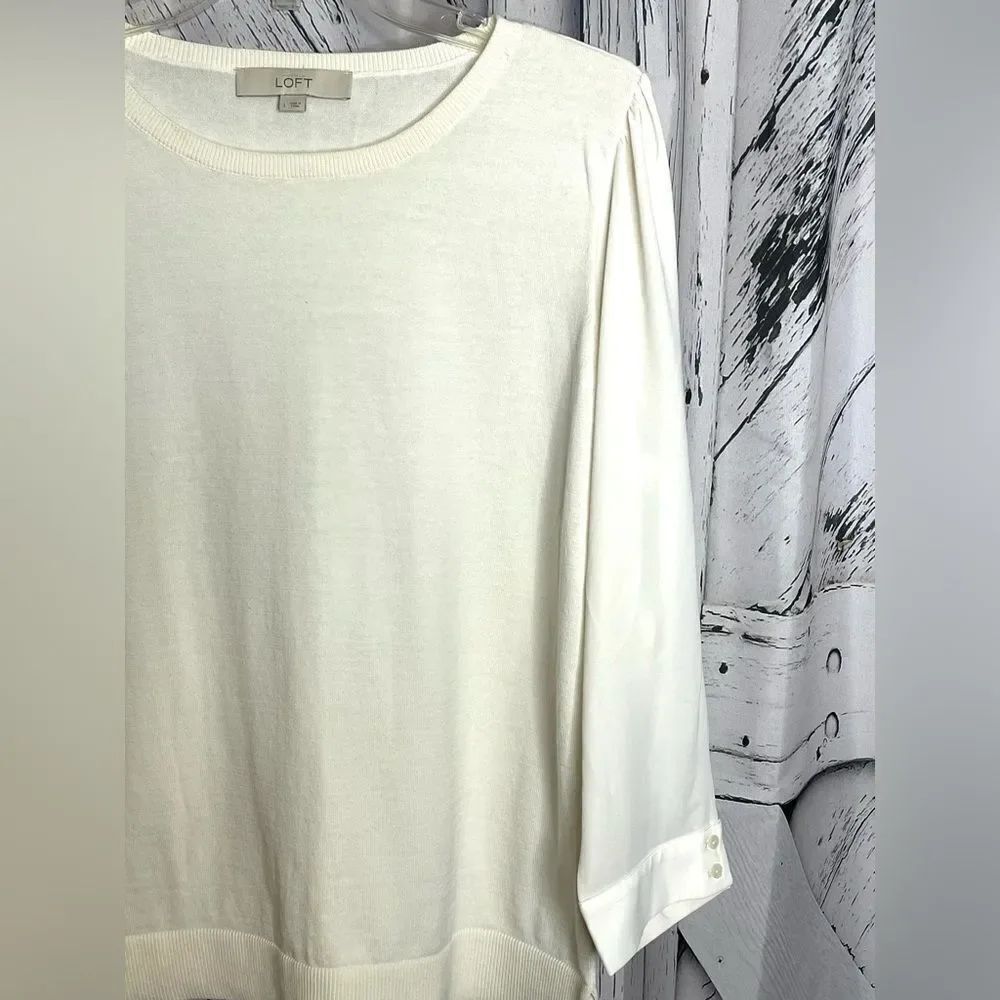 Loft Ivory Cotton Crewneck Sweater with Polyester Sleeves L - Picture 3 of 7